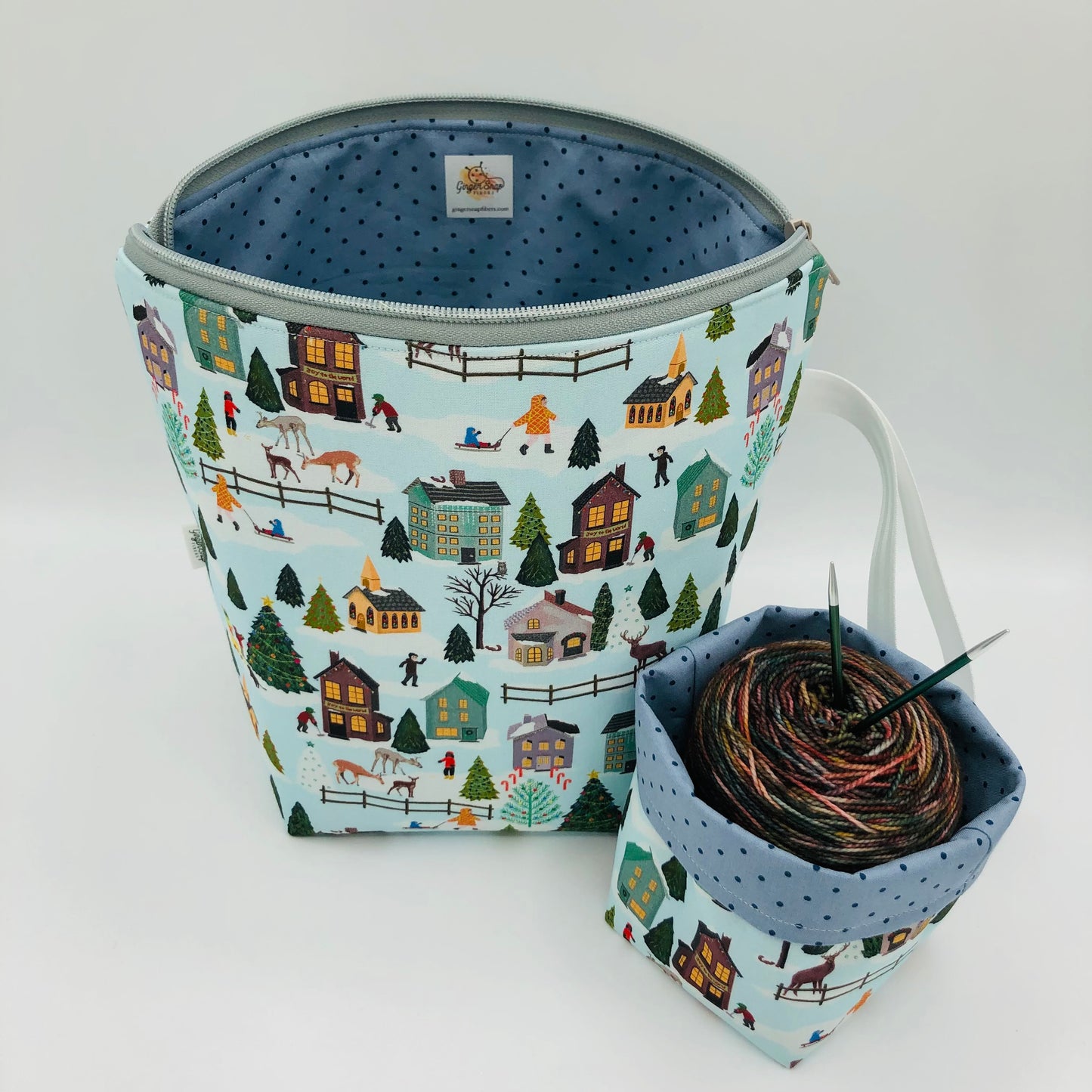 Christmas Village Holiday Knitting Crochet Zipper Style Project Bag + Yarn Cozy |  Sock Size