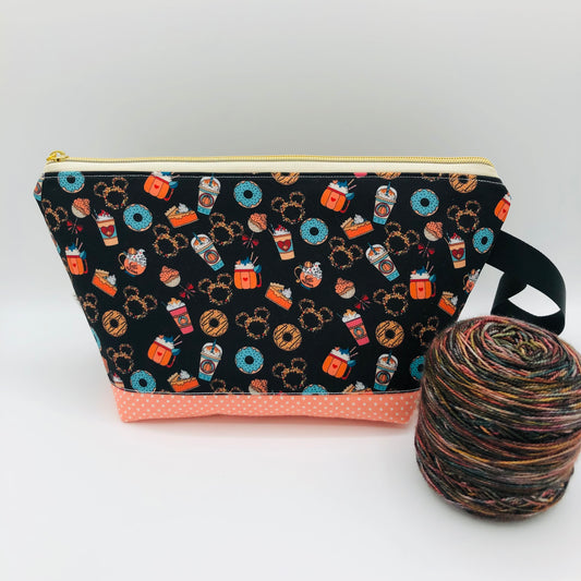 Pumpkin Spice Mice (contrast base) Knitting Crochet Zipper Style Project Bag | Shortie Sock Size