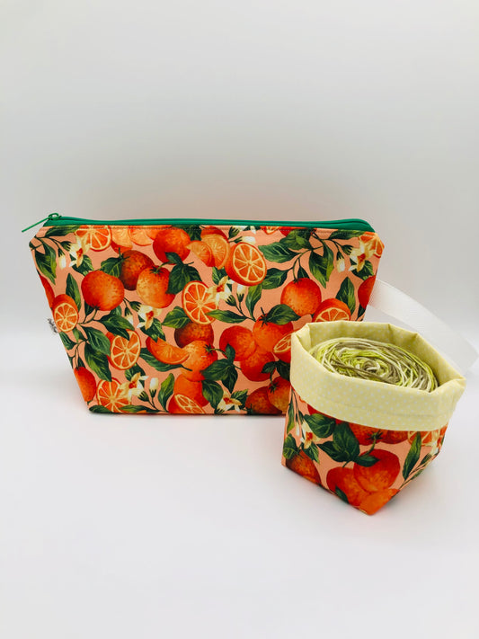 Fresh Oranges Knitting Crochet Zipper Style Project Bag | Shortie Sock Size +100g Yarn Cozy