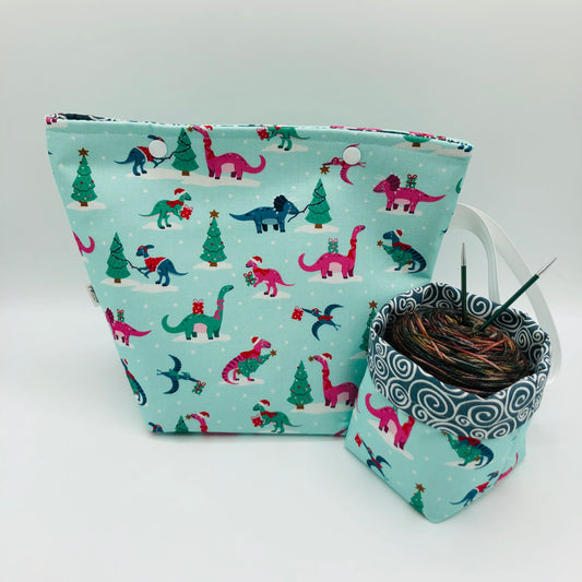 Christmas Dinos Holiday Knitting Crochet Snap Style Project Bag + Yarn Cozy | Sock Size
