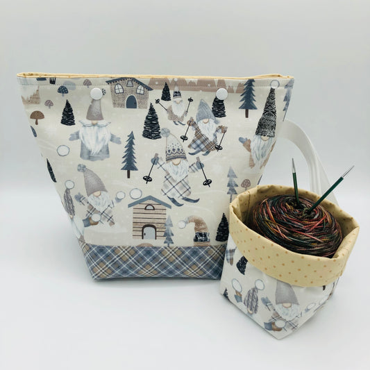 Skating Knitty Gnomes (checkered base) Holiday Knitting Crochet Snap Style Project Bag + Yarn Cozy | Sock Size