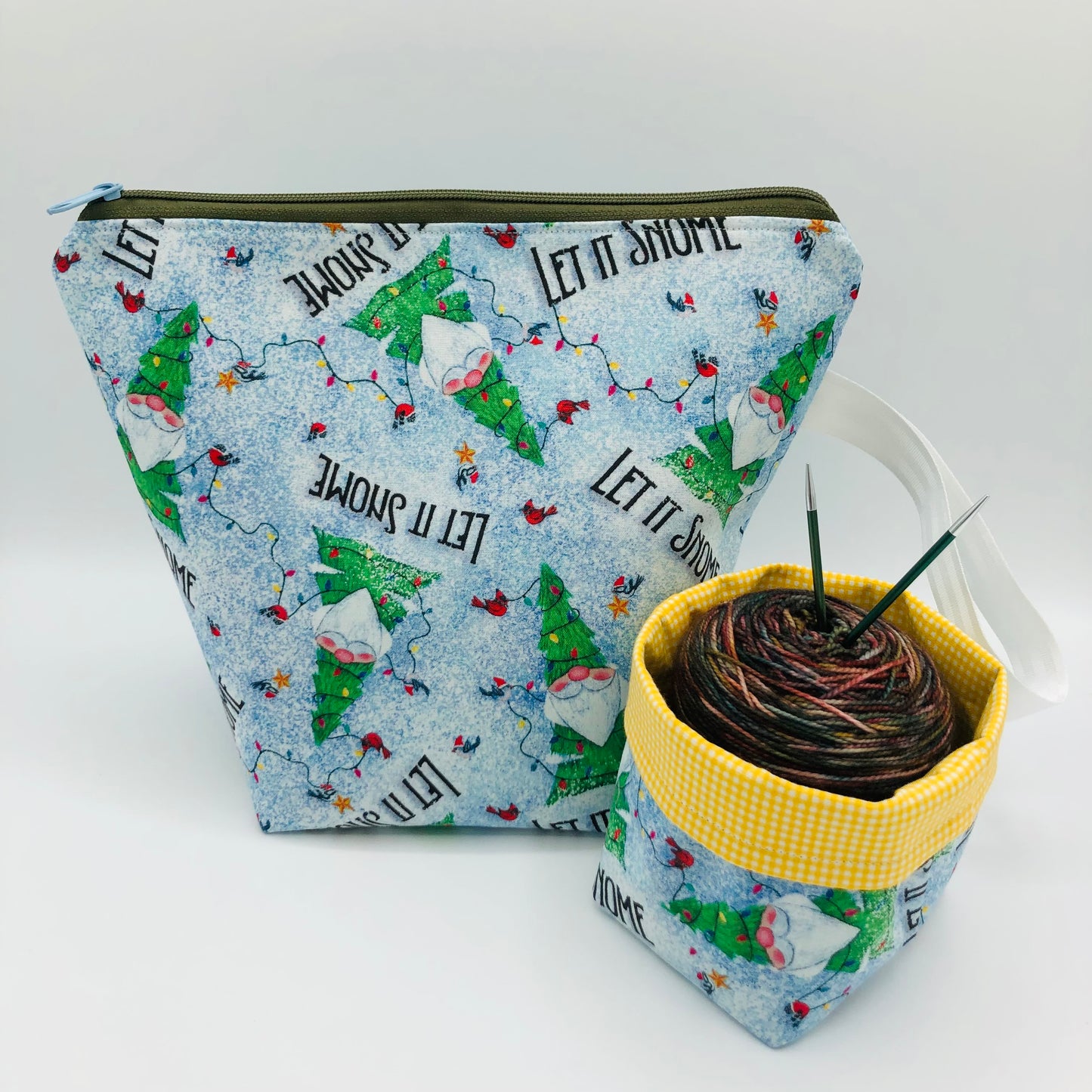 Let it Snome Holiday Knitting Crochet Zipper Style Project Bag + Yarn Cozy |  Sock Size