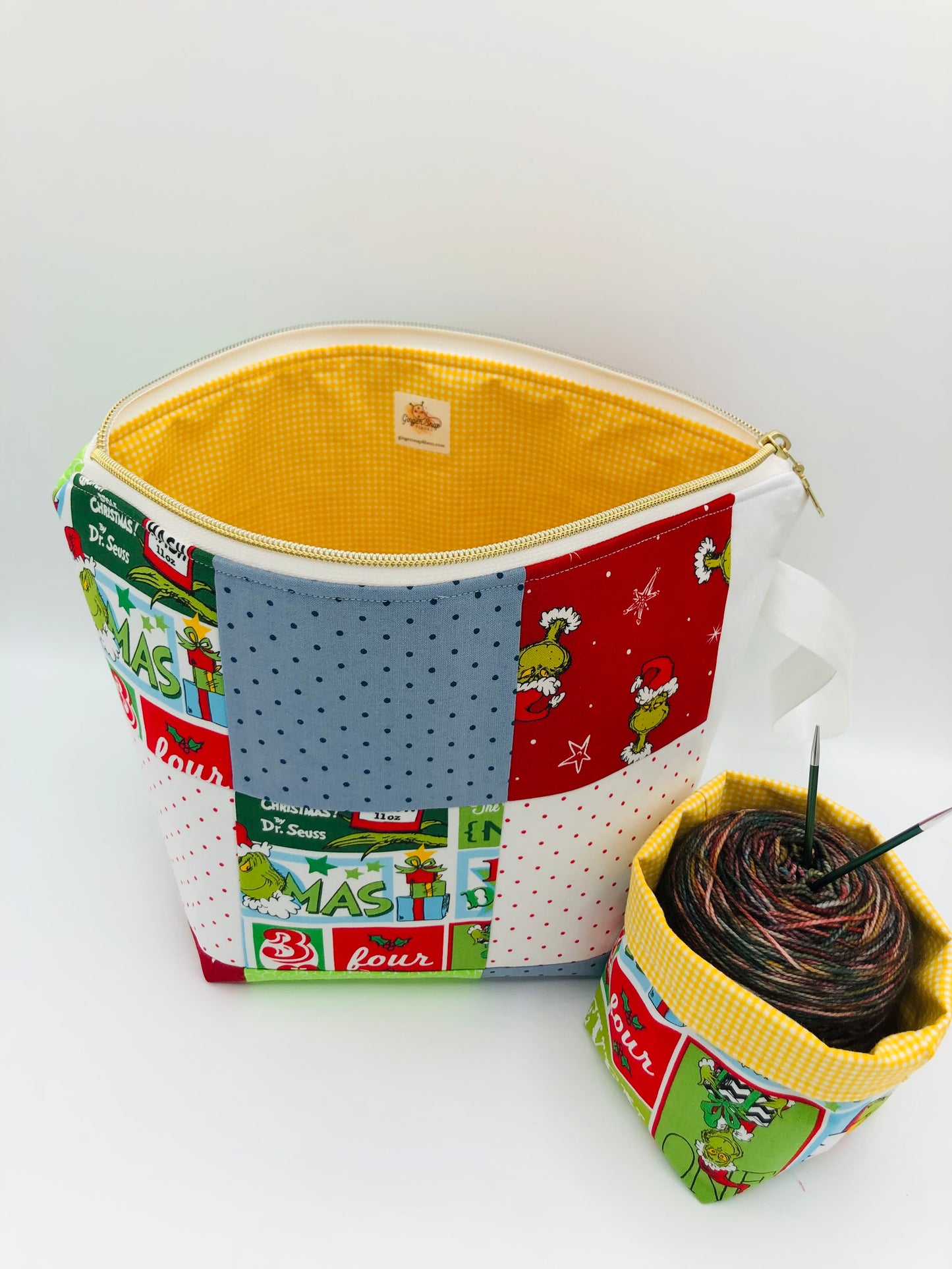 Patchwork Grinchmas Knitting and Crochet Zipper Style Project Bag + Yarn Cozy | XL Sock Size