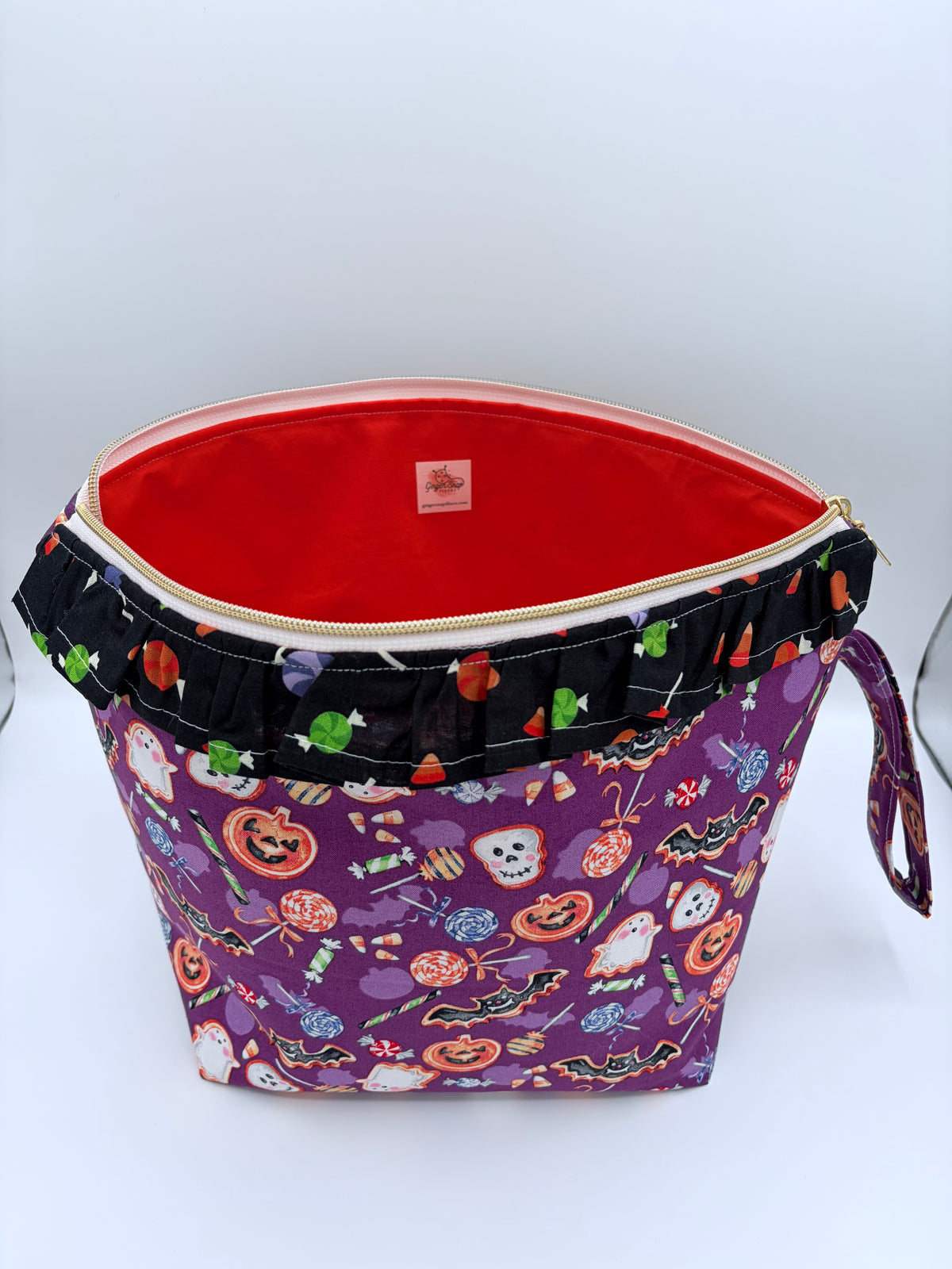 Trick or Treat Cookies (with ruffle) Spooky Zipper Style Knitting and Crochet Project Bag |  Sweater Size