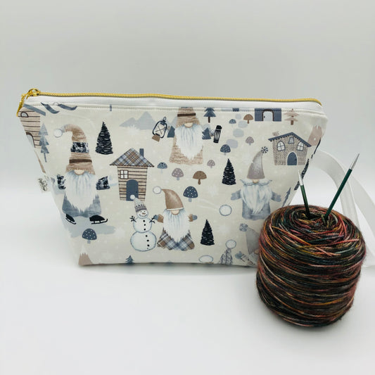 Skating Knitty Gnomes Holiday Knitting Crochet Zipper Style Project Bag | Shortie Sock Size