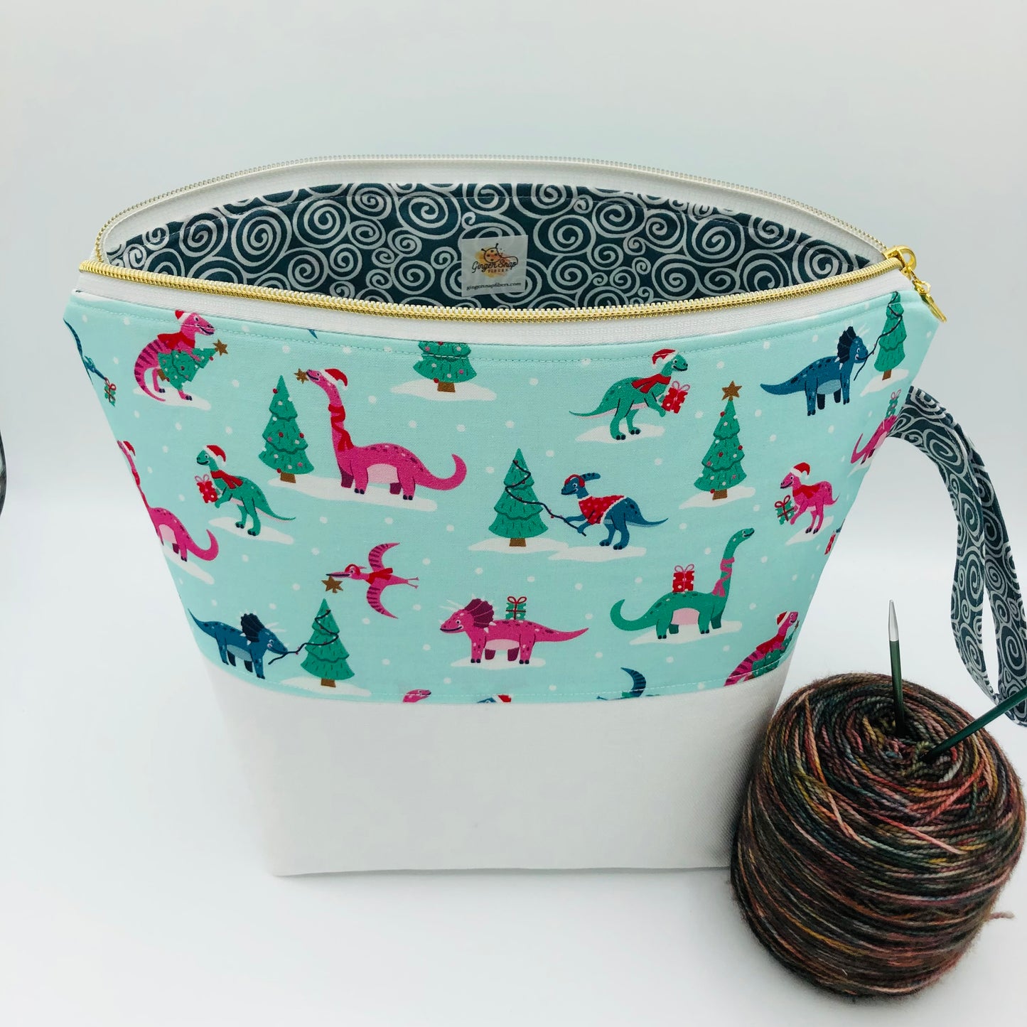Christmas Dinos (white base) Holiday Knitting and Crochet Zipper Style Project Bag | XL Sock Size
