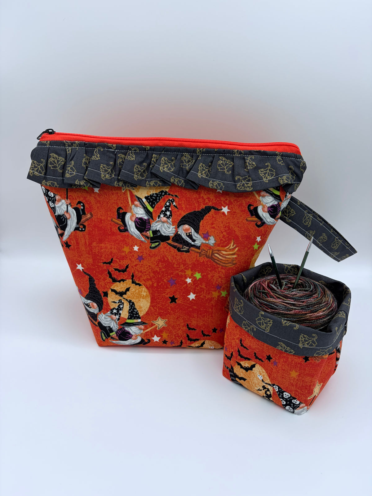 Witchy Gnomes (with ruffles) Spooky Knitting Crochet Zipper Style Project Bag + Yarn Cozy |  Sock Size