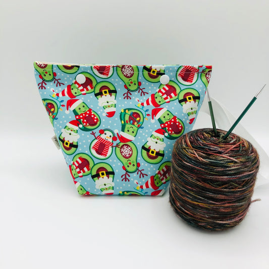 Santa Avocados (blue) Holiday Itty Bitty Crochet Knitting Project Bag | XS