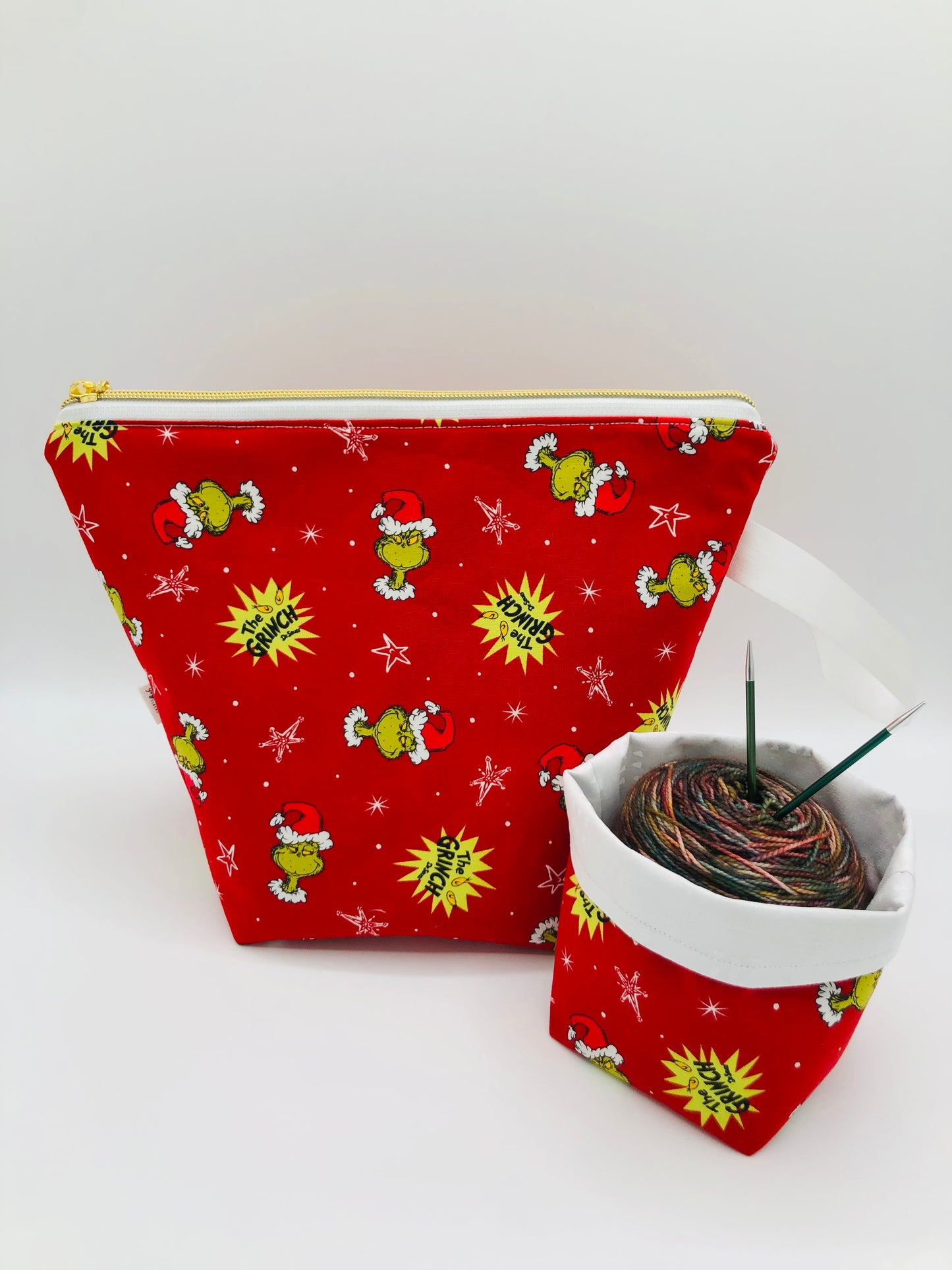 “Mean One” (red) Knitting Crochet Zipper Style Project Bag + Yarn Cozy |  Sock Size
