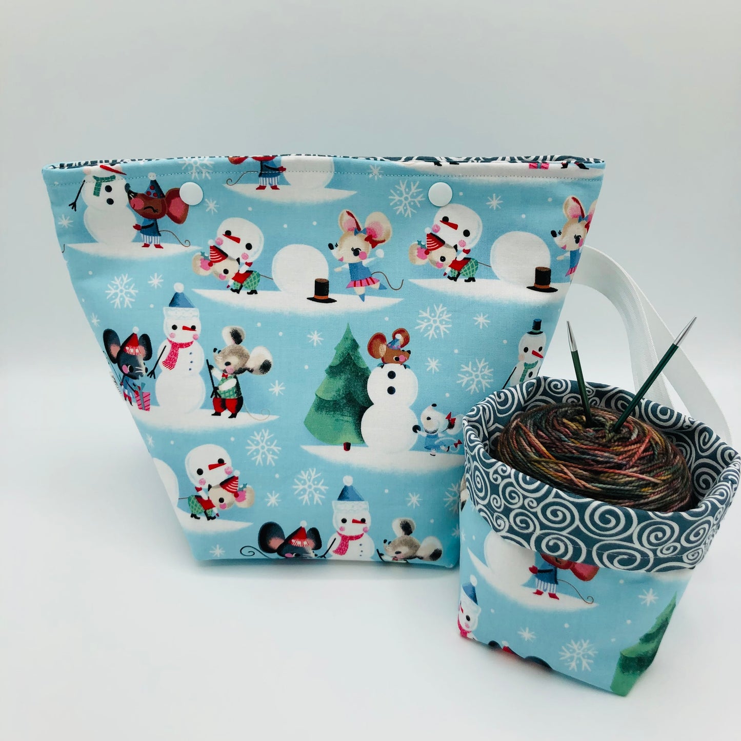Christmas Mice Holiday Knitting Crochet Snap Style Project Bag + Yarn Cozy | Sock Size
