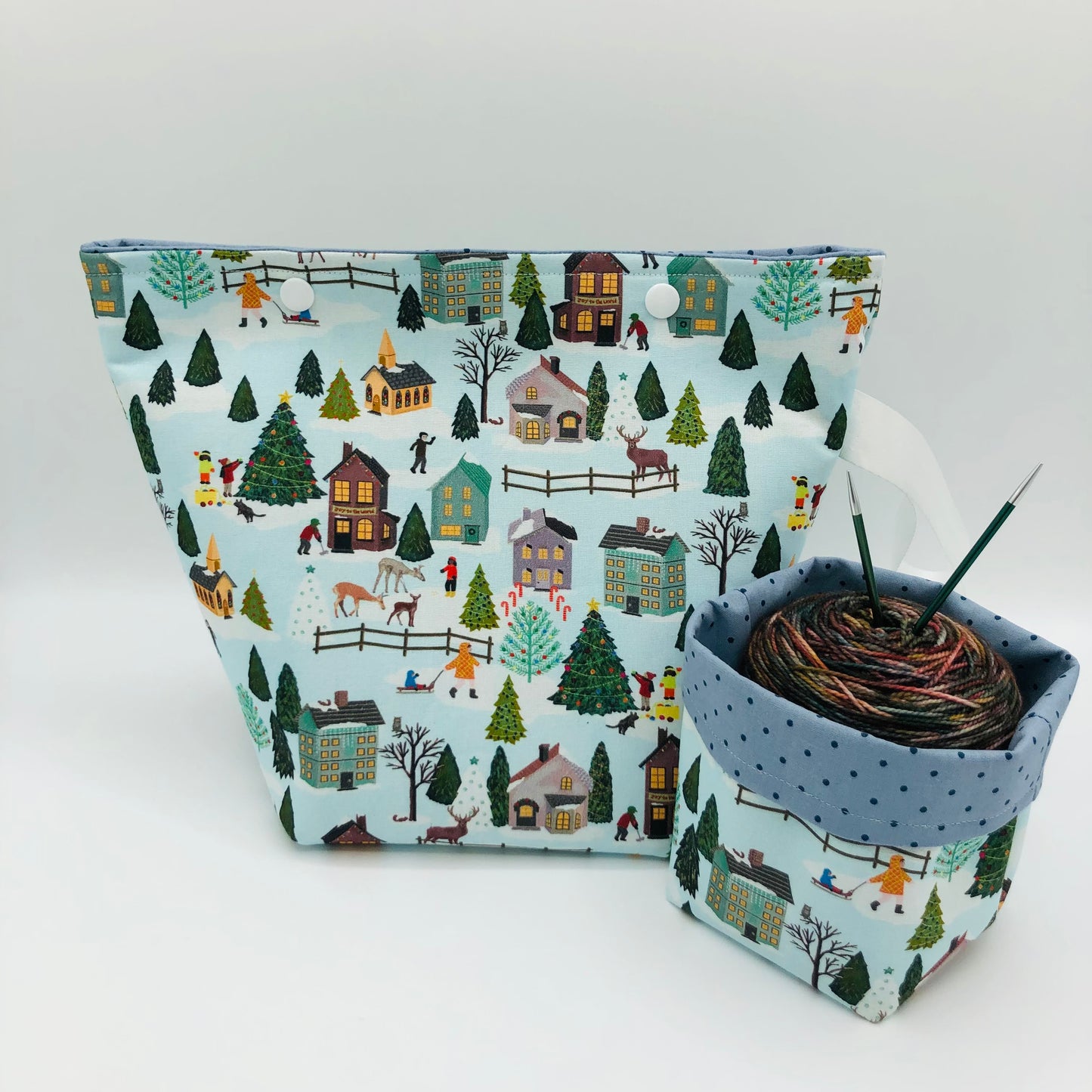Christmas Village Holiday Knitting Crochet Snap Style Project Bag + Yarn Cozy | Sock Size