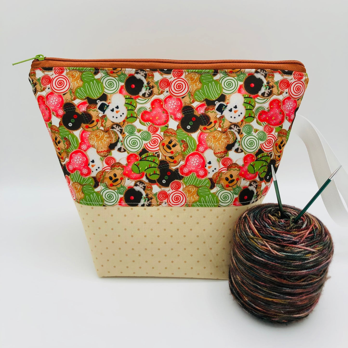 Cookie Mouse Friends (tan base) Christmas Holiday Knitting Crochet Zipper Style Project Bag | Sock Size