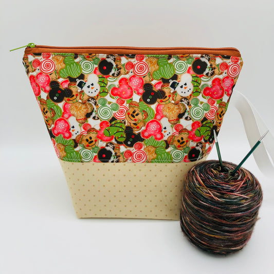 Cookie Mouse Friends (tan base) Christmas Holiday Knitting Crochet Zipper Style Project Bag | Sock Size