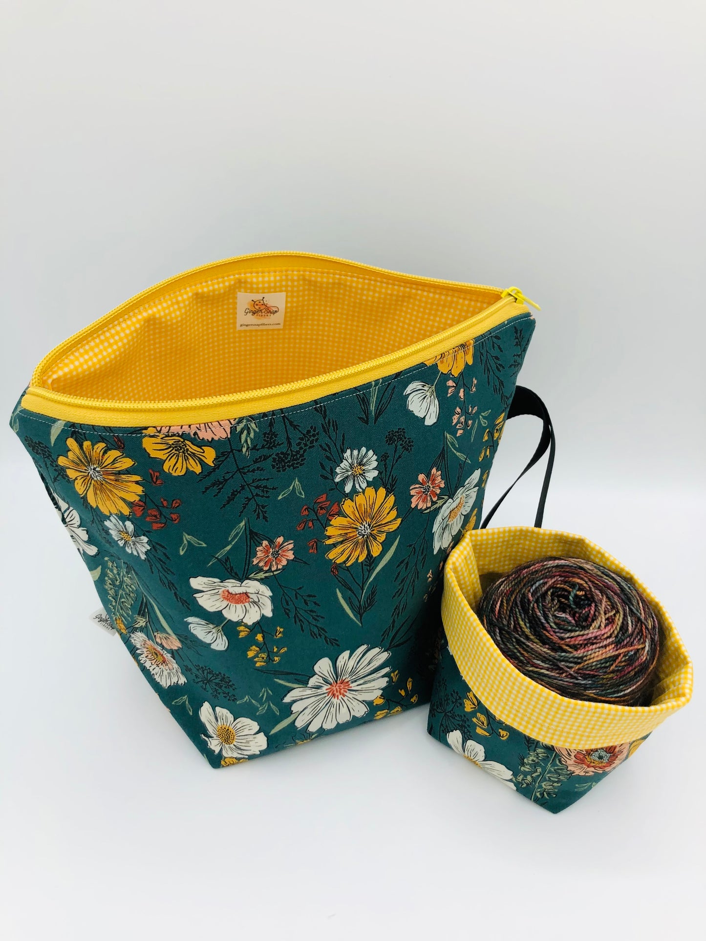 Forest Flowers Knitting Crochet Zipper Style Project Bag + Yarn Cozy |  Sock Size