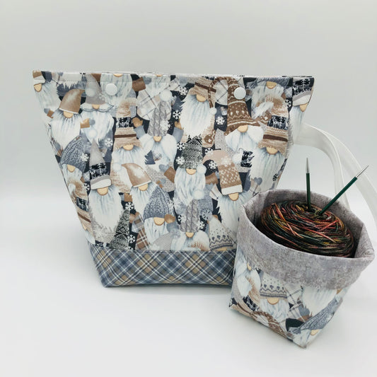 Knitty Gnomes Crowd (checkered base) Holiday Knitting Crochet Snap Style Project Bag + Yarn Cozy | Sock Size