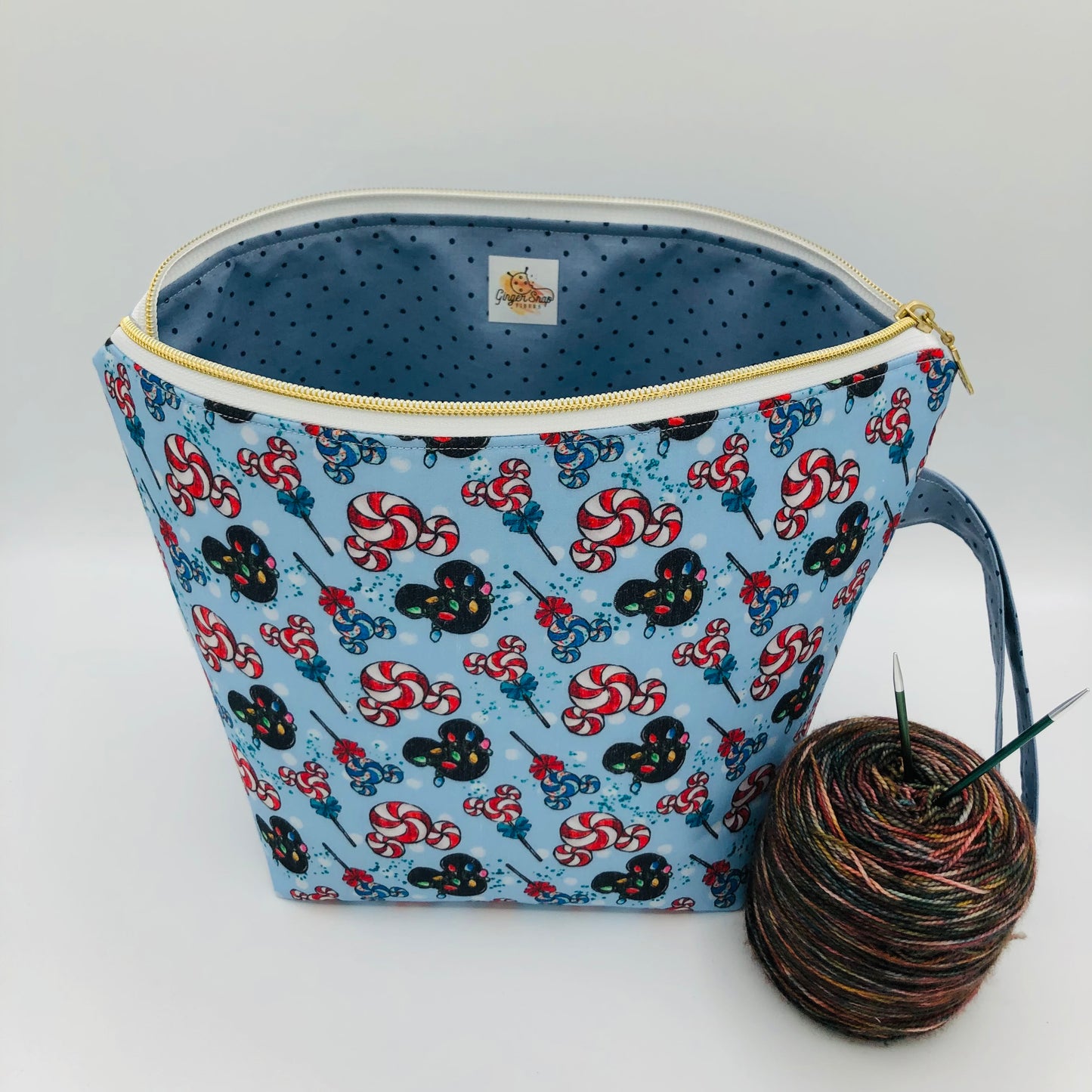 Peppermint Mouse Friends Holiday Knitting and Crochet Zipper Style Project Bag | XL Sock Size
