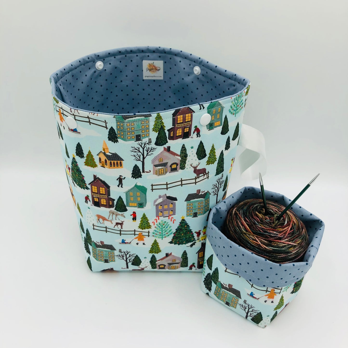 Christmas Village Holiday Knitting Crochet Snap Style Project Bag + Yarn Cozy | Sock Size