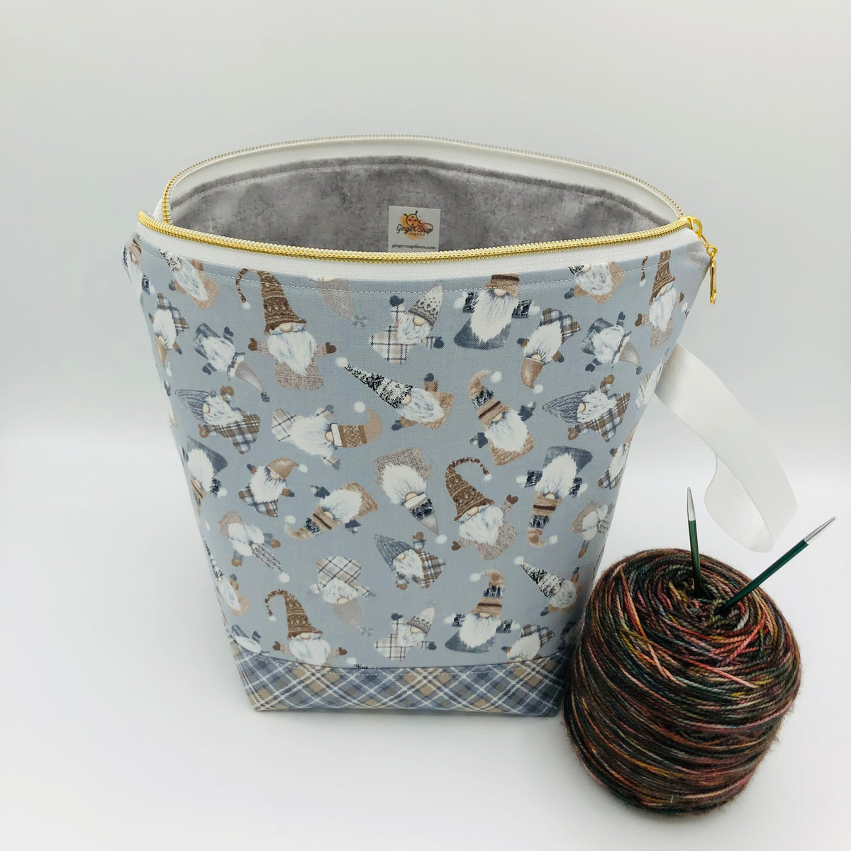 Knitty Gnomes Holiday Knitting and Crochet Zipper Style Project Bag | XL Sock Size