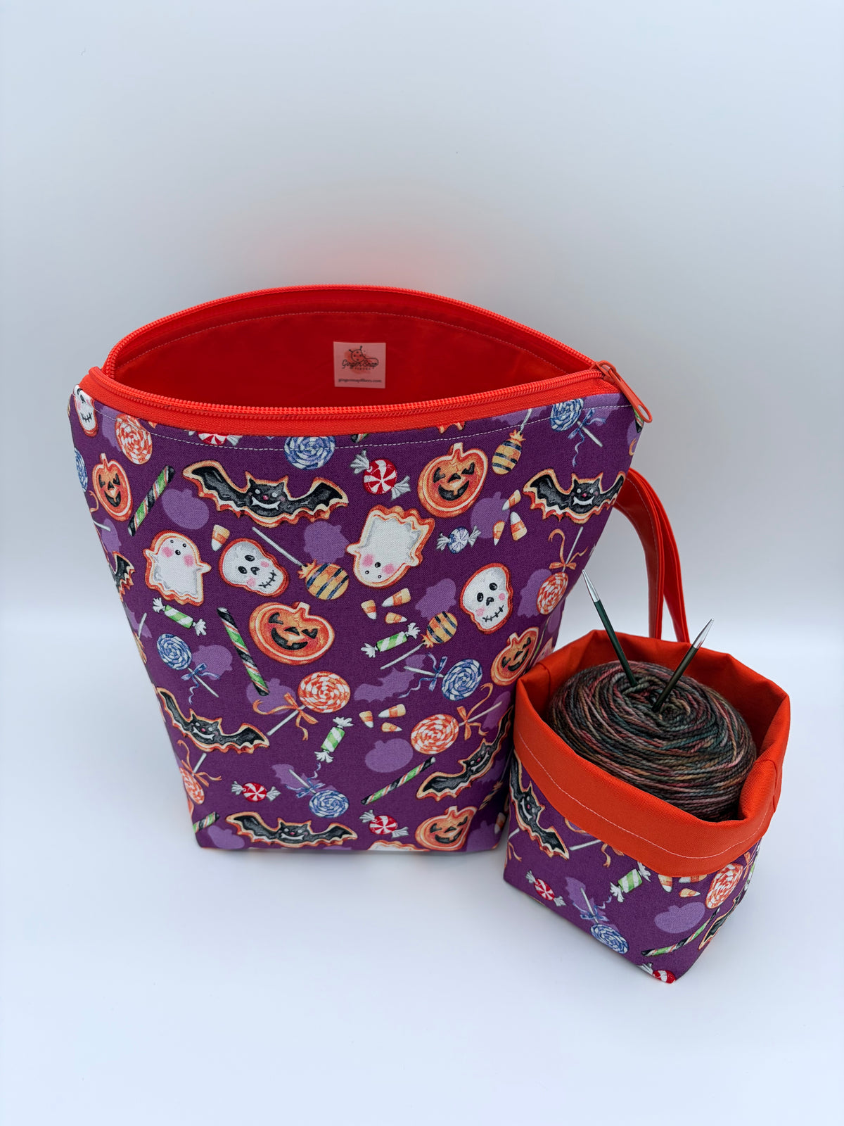 Trick or Treat Cookies Spooky Knitting Crochet Zipper Style Project Bag + Yarn Cozy |  Sock Size