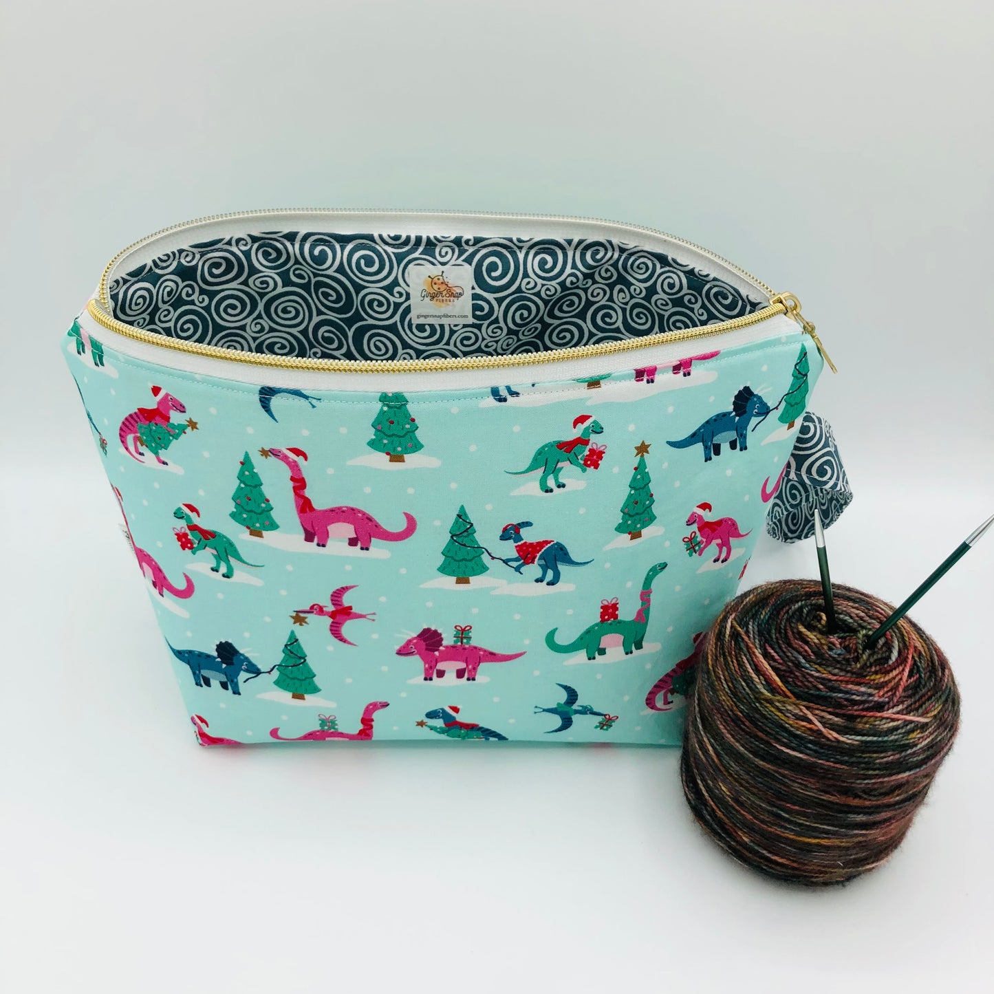 Christmas Dinos Holiday Knitting Crochet Zipper Style Project Bag | Shortie Sock Size