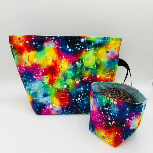 Rainbow Galaxy Knitting and Crochet Snap Style Project Bag + Yarn Cozy | XL Sock Size