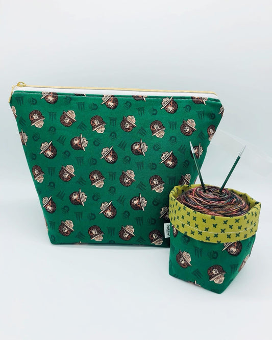 Green Smokey Faces Knitting and Crochet Zipper Style Project Bag + Yarn Cozy | XL Sock Size