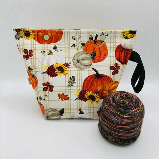 Pumpkins on Plaid Knitting Crochet Snap Style Project Bag | Sock Size