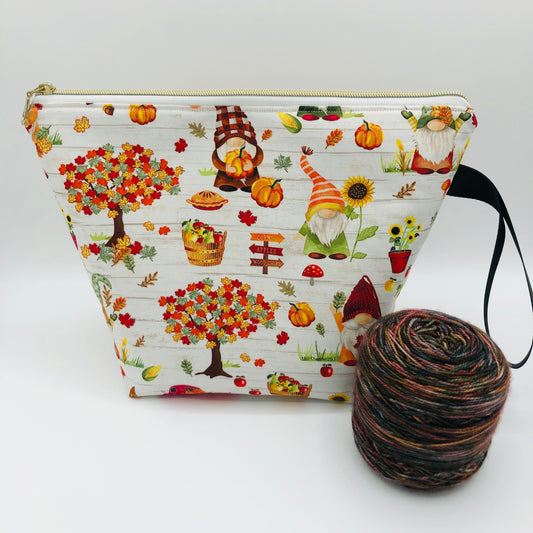 Apple Orchard Gnomes Knitting and Crochet Zipper Style Project Bag | XL Sock Size