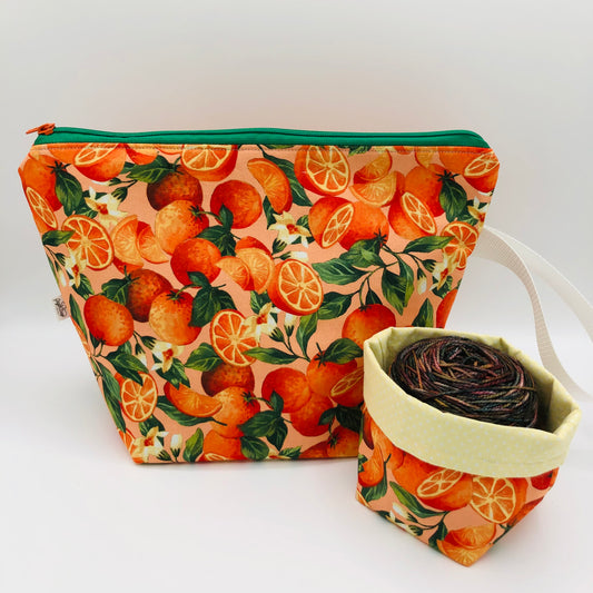 Fresh Oranges Knitting and Crochet Zipper Style Project Bag + Yarn Cozy | XL Sock Size