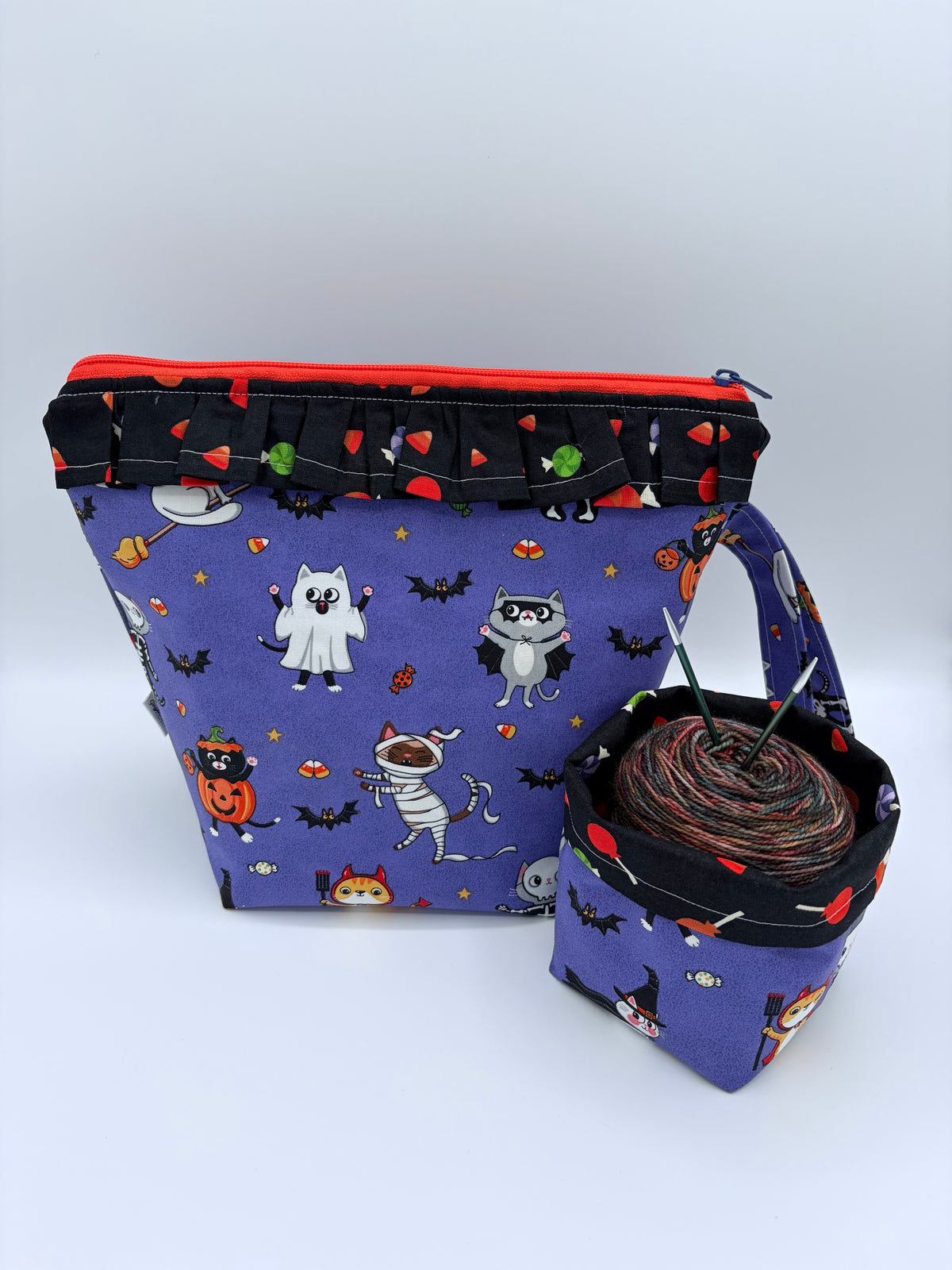 Trick or Treat Kitties (with ruffles) Spooky Knitting Crochet Zipper Style Project Bag + Yarn Cozy |  Sock Size