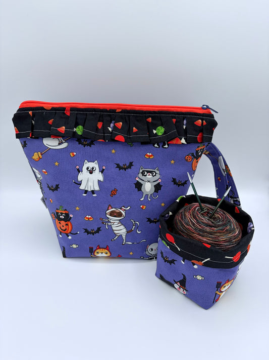 Trick or Treat Kitties (with ruffles) Spooky Knitting Crochet Zipper Style Project Bag + Yarn Cozy |  Sock Size