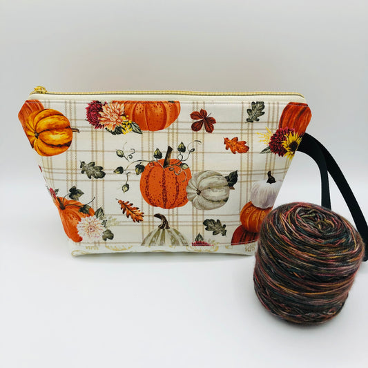 Pumpkins on Plaid Knitting Crochet Zipper Style Project Bag | Shortie Sock Size