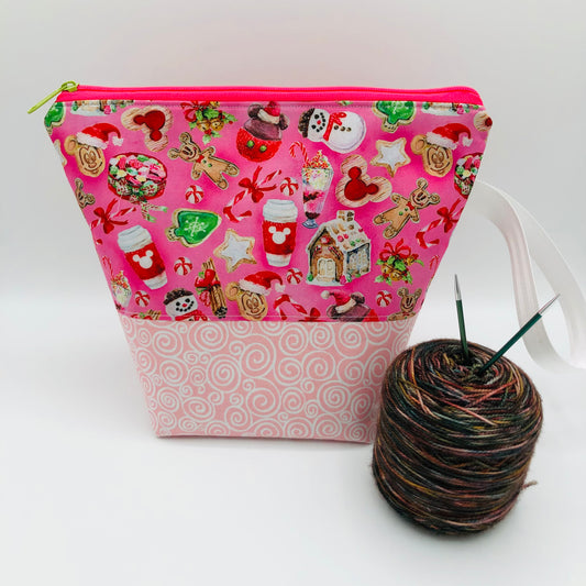 Peppermint Mocha Mouse Friends (pink base) Christmas Holiday Knitting Crochet Zipper Style Project Bag | Sock Size