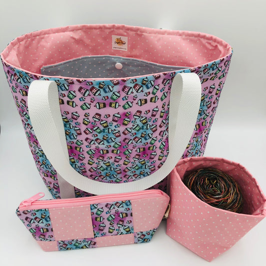 Tiny Boba Friends Tote Style Knitting and Crochet Project Bag + Yarn Cozy |  Sweater Size