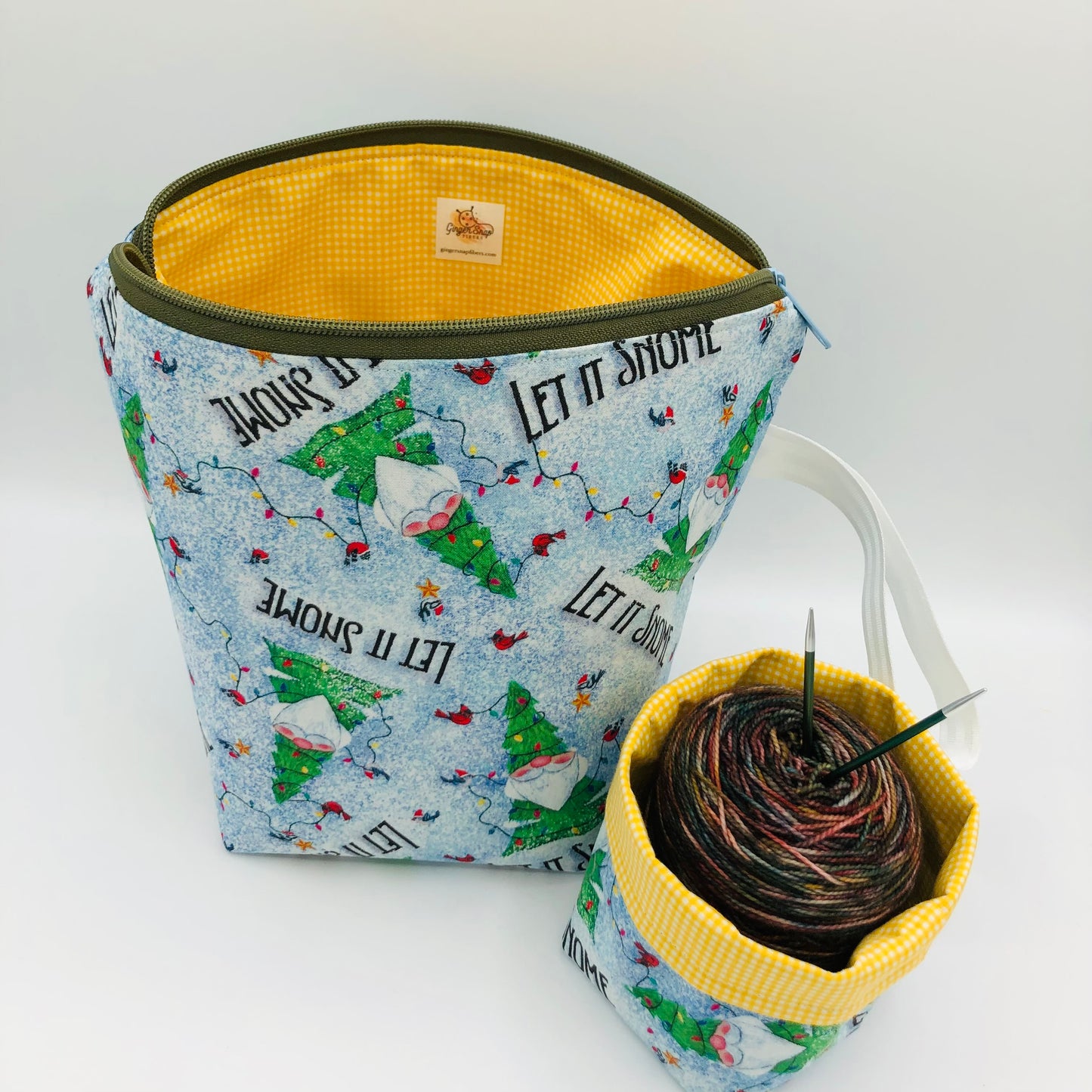 Let it Snome Holiday Knitting Crochet Zipper Style Project Bag + Yarn Cozy |  Sock Size
