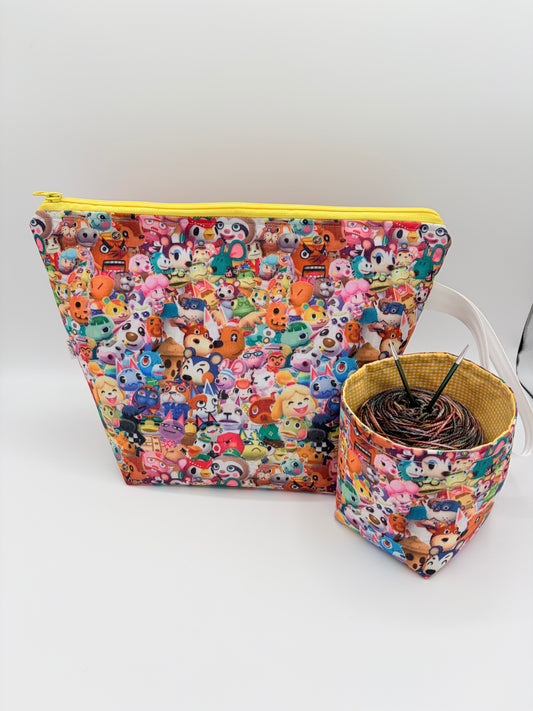 Villager Friends Crowd Knitting and Crochet Zipper Style Project Bag + Yarn Cozy | XL Sock Size