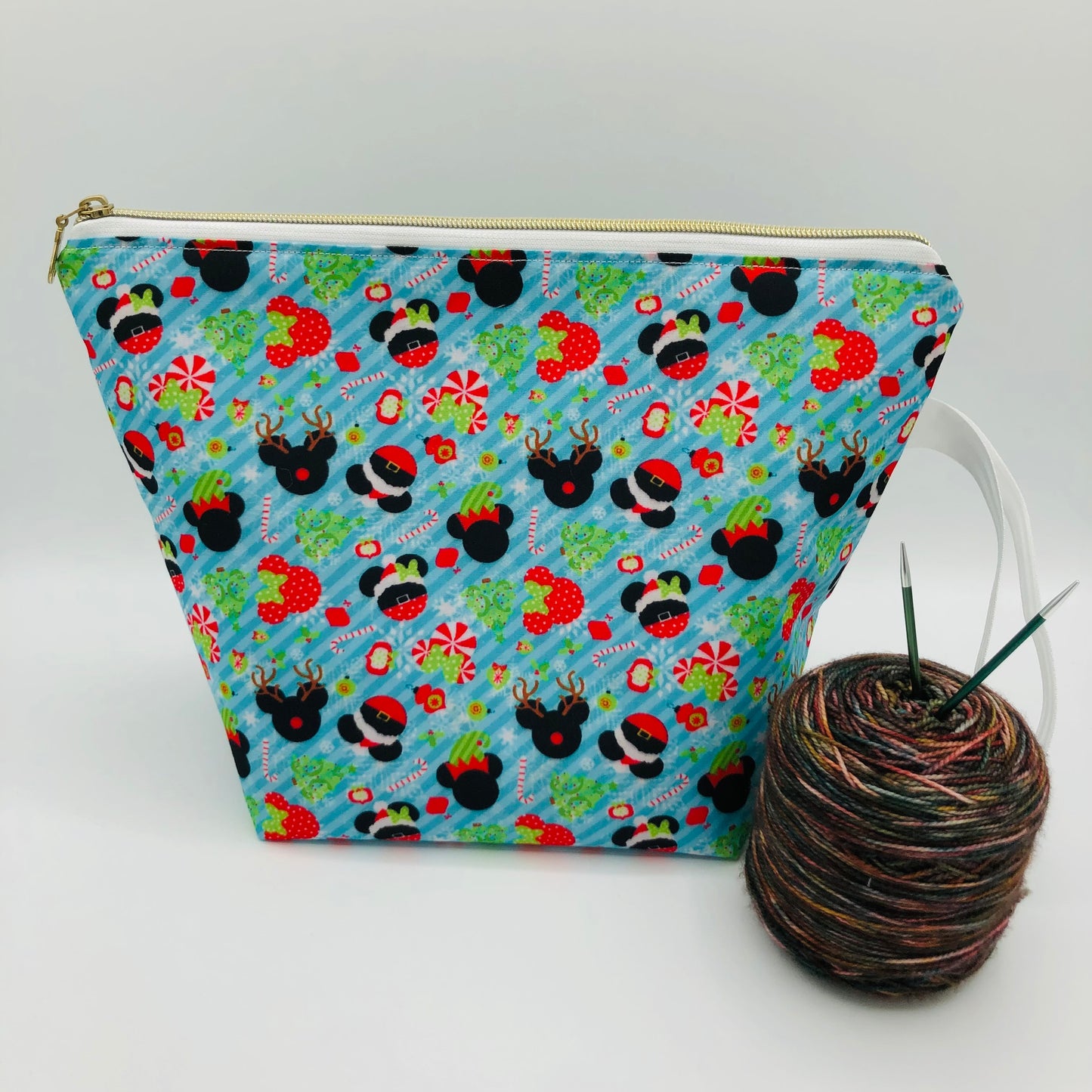 Peppermint Mouse Friends Holiday Knitting and Crochet Zipper Style Project Bag | XL Sock Size
