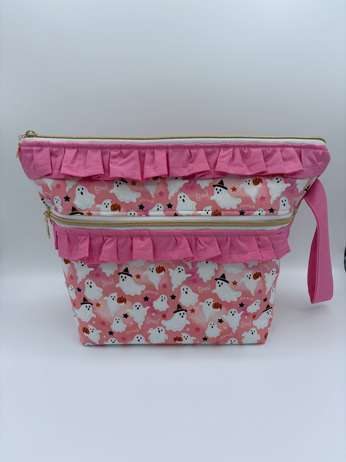 Cutie Ghosts (with ruffles) Spooky Double Zipper Style Knitting and Crochet Project Bag |  Sweater Size