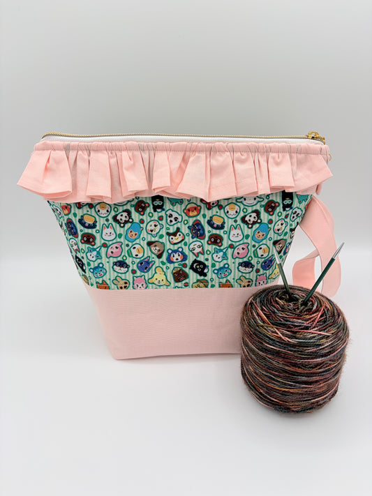 Cutie Villager Friends (with ruffles) Knitting Crochet Zipper Style Project Bag |  Sock Size