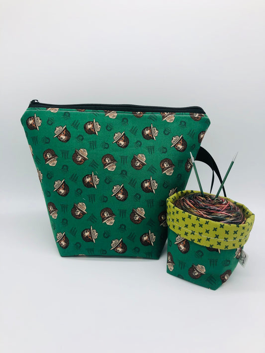 Green Smokey Faces Knitting Crochet Zipper Style Project Bag + Yarn Cozy |  Sock Size