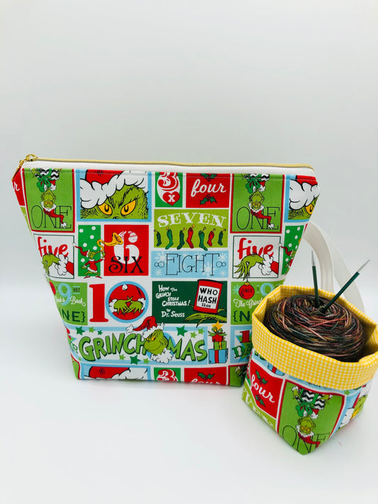Grinchmas Knitting and Crochet Zipper Style Project Bag + Yarn Cozy | XL Sock Size