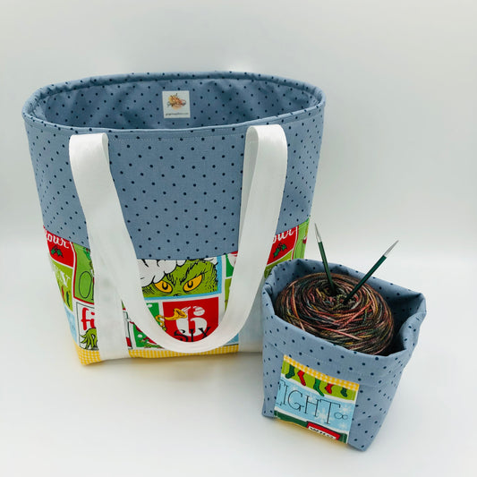 Blue Patchwork Grinchmas Knitting and Crochet Tote Style Project Bag + Yarn Cozy | XL Sock Size
