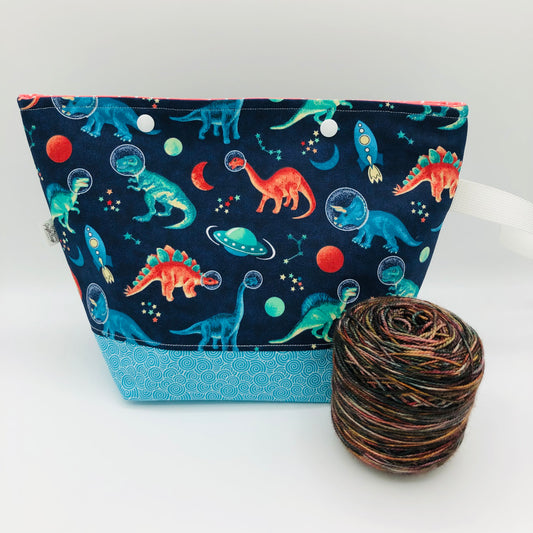 Space Dinosaurs Knitting and Crochet Snap Style Project Bag | XL Sock Size