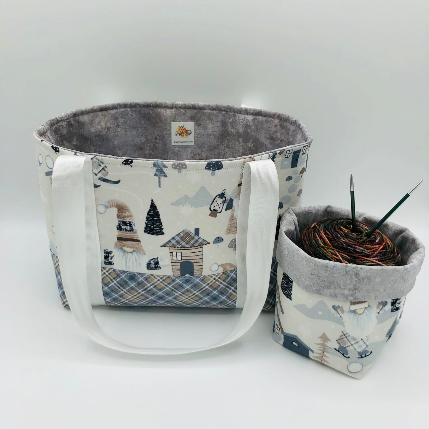 Skating Knitty Gnomes Holiday Knitting Crochet Tote Style Project Bag | Shortie Sock Size