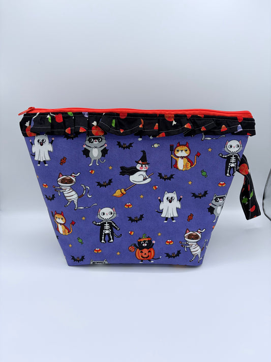 Trick or Treat Kitties (with ruffle) Spooky Zipper Style Knitting and Crochet Project Bag |  Sweater Size