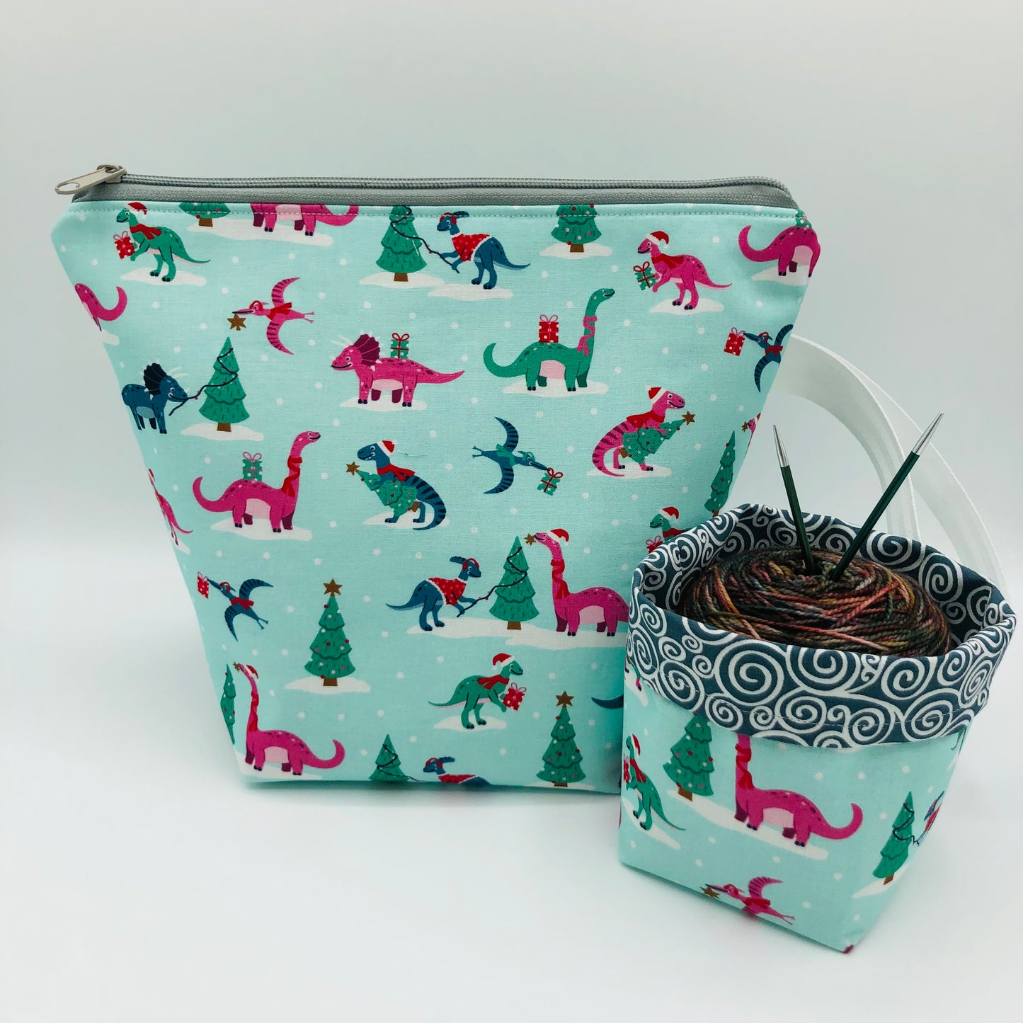 Christmas Dinos Holiday Knitting Crochet Zipper Style Project Bag + Yarn Cozy |  Sock Size