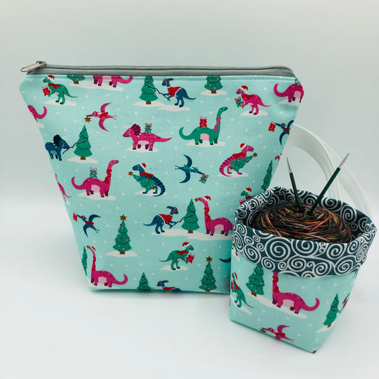 Christmas Dinos Holiday Knitting Crochet Zipper Style Project Bag + Yarn Cozy |  Sock Size