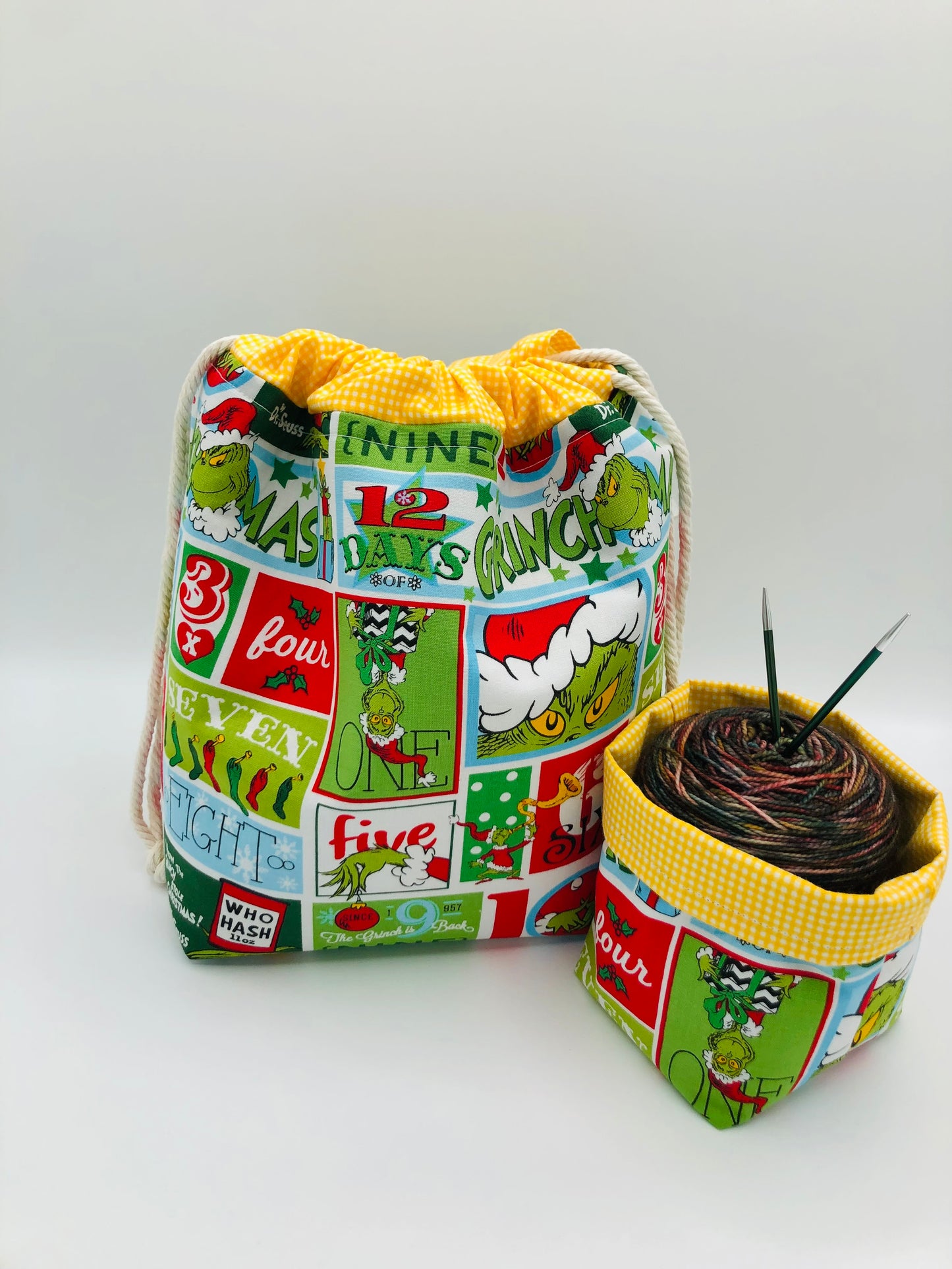 Grinchmas Knitting and Crochet Drawstring Style Project Bag + Yarn Cozy | XL Sock Size