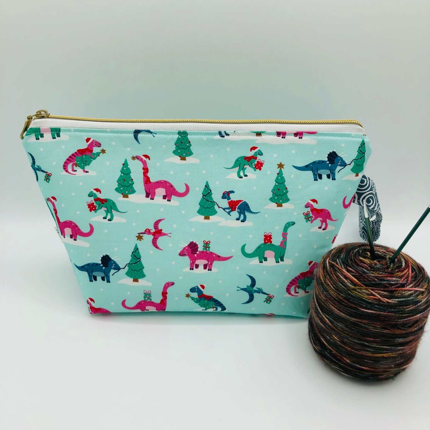 Christmas Dinos Holiday Knitting Crochet Zipper Style Project Bag | Shortie Sock Size