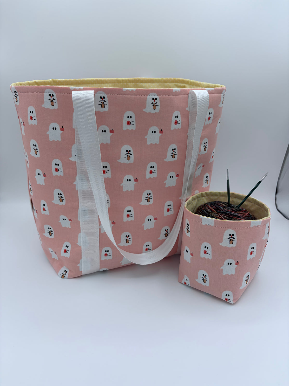 Latte Ghosts Tote Style Knitting and Crochet Project Bag + Yarn Cozy |  Sweater Size